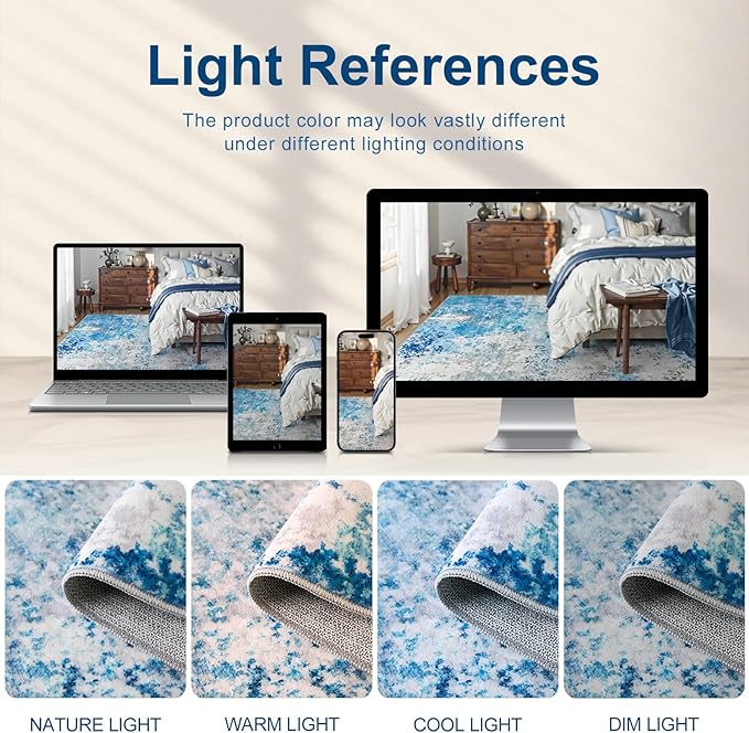 8x10 Area Rugs Living Room Rug - Washable Neutral Modern Abstract Large No Slip Soft Thin Rug Indoor Floor Carpet for Bedroom Under Dining Table Home Office Nursery Room - Blue White