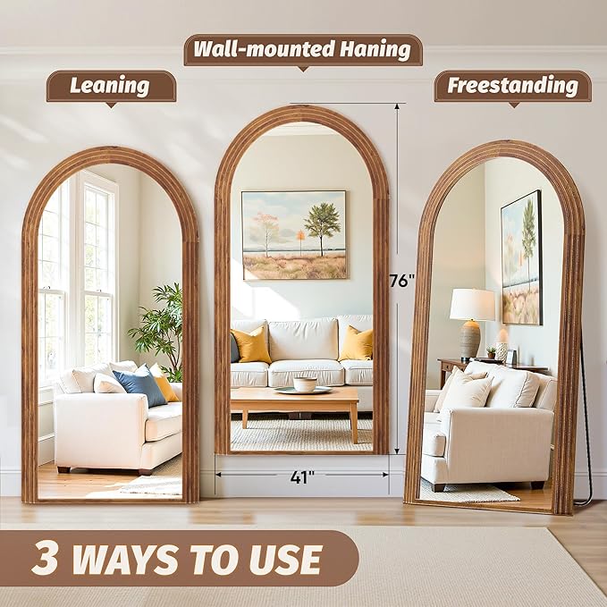 Antok Full Length Mirror 76"×41" Floor Mirror Standing Tall Mirror, Arched Stand up Large Wall Mirrors, Freestanding Full Body Mirrors for Bedroom Living Room Wood Vintage Style Brown