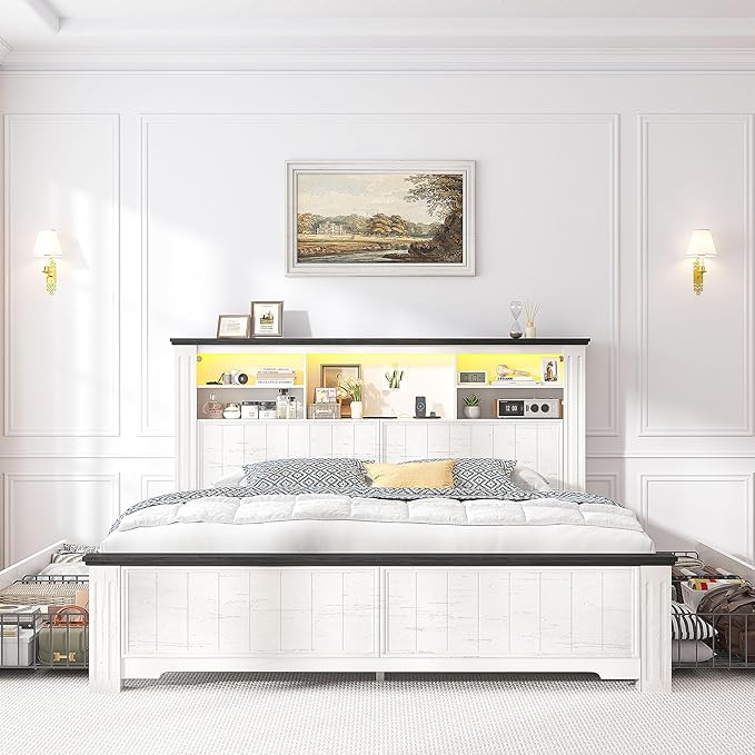 EnHomee Full Size Bed Frame with Headboard, Full Bed Frame with 4 Drawers Charging Port & LED, Farmhouse Bed Full Built in Charging Station,No Box Spring Needed,NO Noise,White with Grain Marks