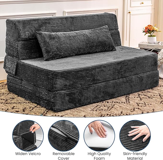 Folding Sofa Bed, Convertible Sleeper Chair with Pillow, High Density Memory Foam Fold Out Couch, Foldable Mattress Futon Sofa for Living Room/Dorm/Guest Use/Apartment/Home Office