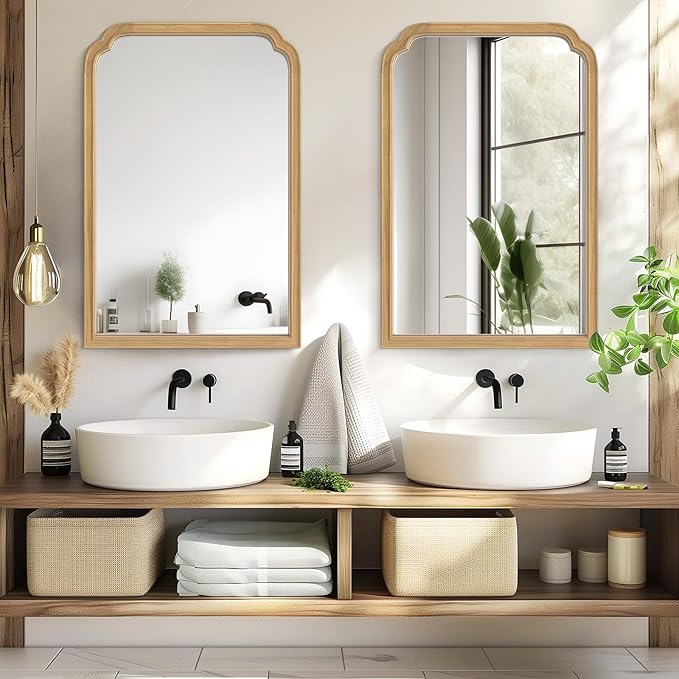 HOMECOOKIN Wood Bathroom Mirrors for Wall Mounted, 24" x 36" Rustic Wood Frame Wall Mirrors Decorative for Living Room or Bedroom Vanity Mirror (Natural) B