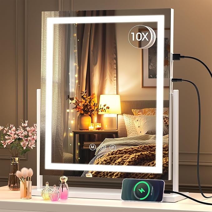 Hasipu Vanity Mirror with Lights, 16" x 20" LED Makeup Mirror, Light up Mirror with Smart Touch 3 Color Modes and Brightness Adjustment, 10X Magnifying Glass,360° Rotation