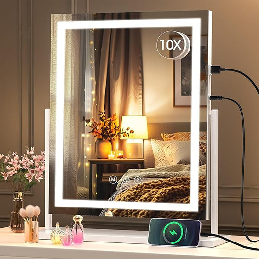 Hasipu Vanity Mirror with Lights, 16" x 20" LED Makeup Mirror, Light up Mirror with Smart Touch 3 Color Modes and Brightness Adjustment, 10X Magnifying Glass,360° Rotation
