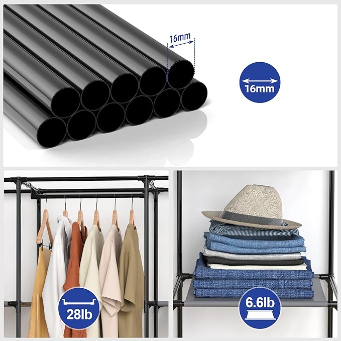 Portable Closet, Wardrobe Closet with 10 Storage Shelves and 2 Hanging Rods, Non-Woven Fabric Cover, 52.4 x 18.1 x 66.6 Inches Closet Organizer for Bedroom, Gray