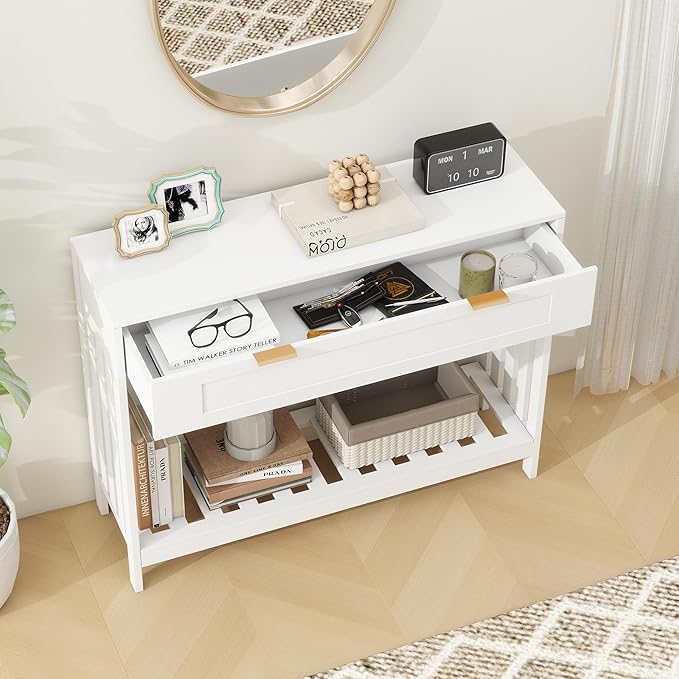 Entryway Table with Drawers Narrow Accent Sofa Table with Storage Shelf, Modern Wooden Console with Drawer Entry Table Storage Slats Shelf for Living Room,Entryway, Foyer, Hallway, White