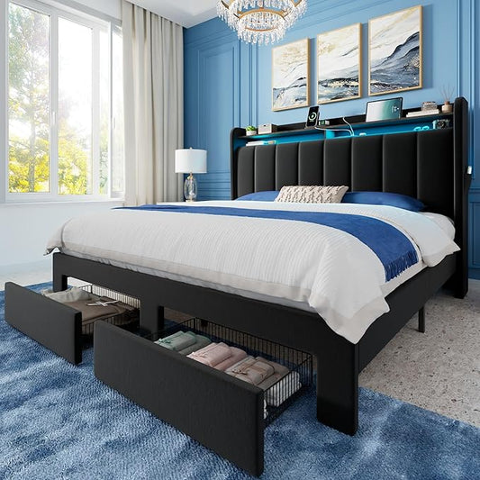 Allewie Velvet Vertical Tufted Queen Upholstered Platform Bed Frame with 2-Tier LED Storage Headboard & 2 Storage Drawers, USB & Type-C Charging Ports, Noise-Free/No Box Spring Needed, Black