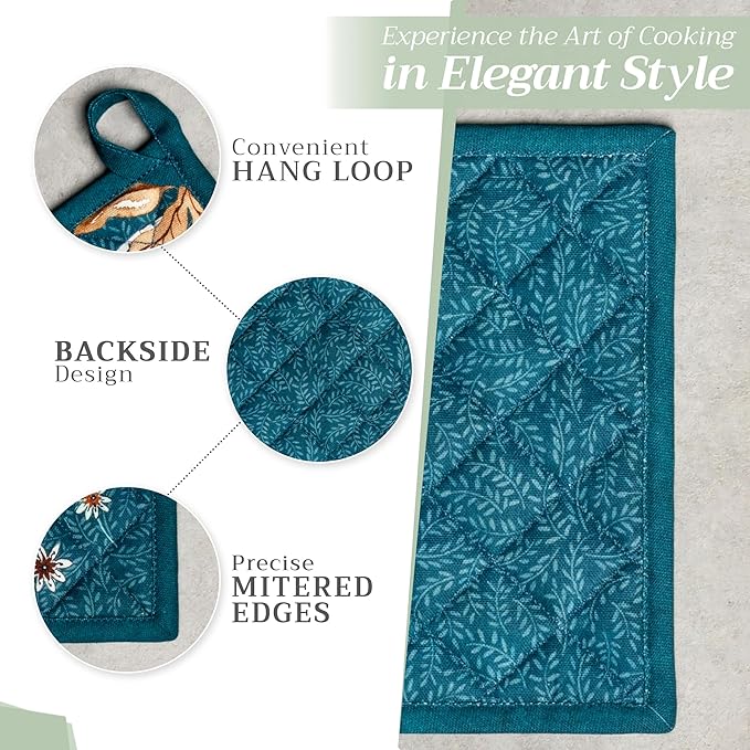 Maison d' Hermine 100% Cotton Oven Mitt & Pot Holder Set (7.5"x13" & 8"x8") Heat Resistant Cooking Gloves with Loop for Thanksgiving Christmas Decorations Handling Hot Pans (Luxury Loft - Dark Teal)