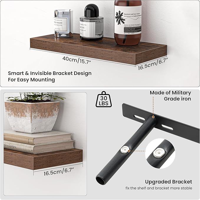 Heimlove Floating Shelves for Wall,16 inchs Shelf for Small Bathroom,Mounted Storage & Display Shelves for Bedroom,Living Room,Kitchen,Office,Set of 2,Rustic Brown