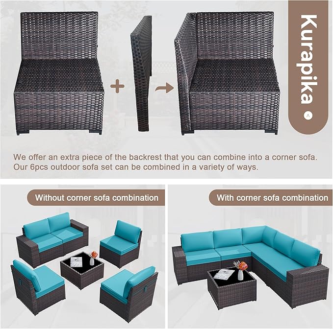 Kurapika 6 Pieces Patio Furniture Set, Rattan Wicker Outdoor Conversation Sets w/4 Inch Cushion and Glass Coffee Table(Blue)