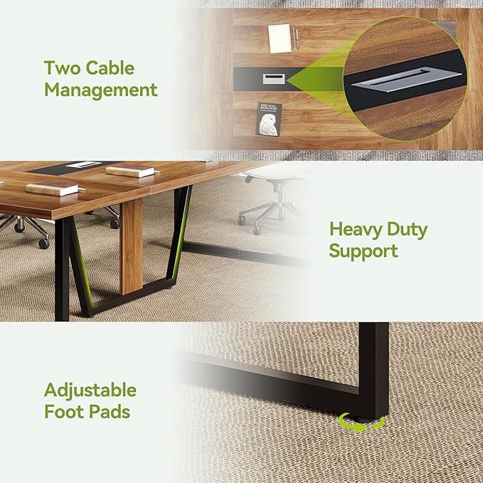 LITTLE TREE 8FT Conference Table for 10 People, Large Meeting Table, Modern Conference Room Tables with Cable Management, Training Tables with Strong Metal Legs for Office, Brown