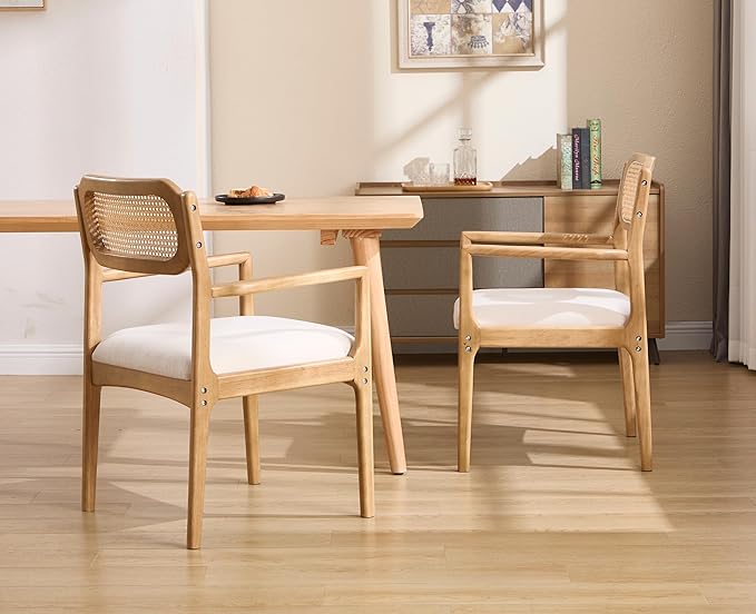 EALSON Rattan Dining Chairs with Arms Set of 2 Mid Century Dining Room Chairs with Wood Legs Linen Upholstered Kitchen Chairs Farmhouse Cane Back Arm Chairs for Living Room, Beige, Light Natural