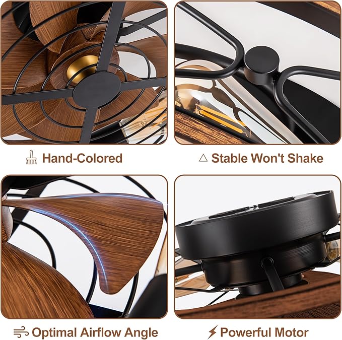 TIFEROR 20" Low Profile Caged Ceiling Fans with Lights and Remote, Farmhouse Flush Mount Ceiling Fan with 3 Speeds Reversible Motor, for Kitchen, Bedroom (Bulbs Included)