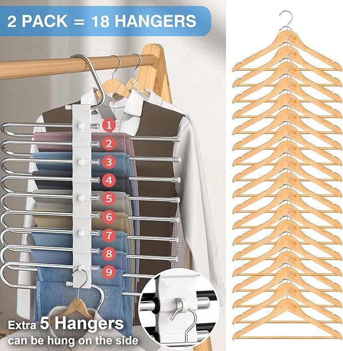 Upgrade Pant Hangers Space Saving, Non Slip Stainless Steel Multifunctional Pants Rack S-Type Clothes Pant Closet Hanger Organizer with Hooks for Pants Jeans Trousers Scarf Skirts (Onyx Black, 4 Pack)
