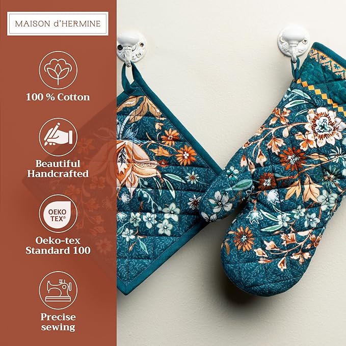Maison d' Hermine 100% Cotton Oven Mitt & Pot Holder Set (7.5"x13" & 8"x8") Heat Resistant Cooking Gloves with Loop for Thanksgiving Christmas Decorations Handling Hot Pans (Luxury Loft - Dark Teal)