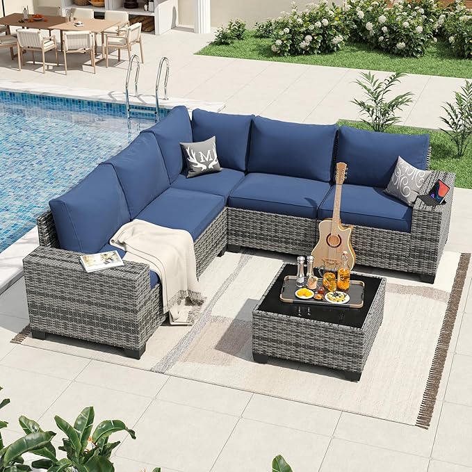 Aoxun 6 Pieces Patio Furniture Set Wicker Rattan Outdoor Sectional Conversation Set with Coffee Table and 4” Thickened Cushions, Gray Blue(Waterproof Cover Included)