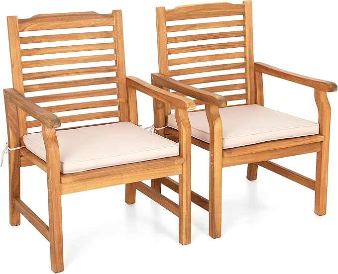 MFSTUDIO 2 Pieces Acacia Wood Patio Dining Chairs, Natural Oil Finished Teak Outdoor Dining Chair Set of 2, Slat Back Patio Dining Set Teak Outdoor Chairs with Removable Cushion for Garden, Backyard