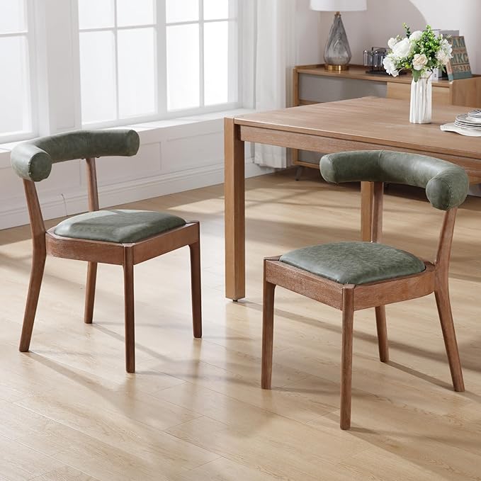 Kmax Dining Room Chairs, Mid-Century Modern PU Kitchen Chairs with Natural Walnut Finished Frame, PU Curved Back, Set of 2, Green