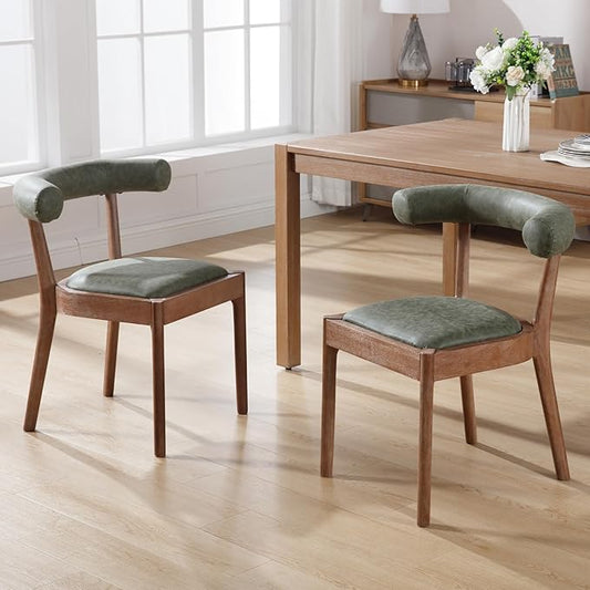 Kmax Dining Room Chairs, Mid-Century Modern PU Kitchen Chairs with Natural Walnut Finished Frame, PU Curved Back, Set of 2, Green