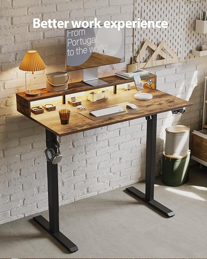 Electric Height Adjustable Standing Desk with Power Outlet and LED Light Strip, Sit to Stand, Ergonomic 48x24" Rising Desk with Memory Presets, Home Office Workstation, Computer Gaming Table, Brown