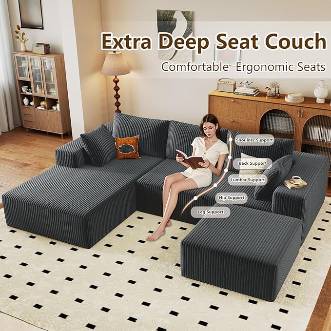 96" U-Shape Cloud Couch, Modern Modular Sectional L-Shape Sofa with Ottoman, Corduroy Upholstered Couches Deep Seat Chaise Longue for Living Room, No Assembly Required(Dark Gray, Left Facing)