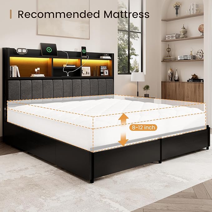 King Bed Frame with 6 Storage Drawers, Linen Upholstered Headboard, Built-in USB Charging Station & LED Lighting, Silent Metal Support, No Box Spring Needed, Vintage Black