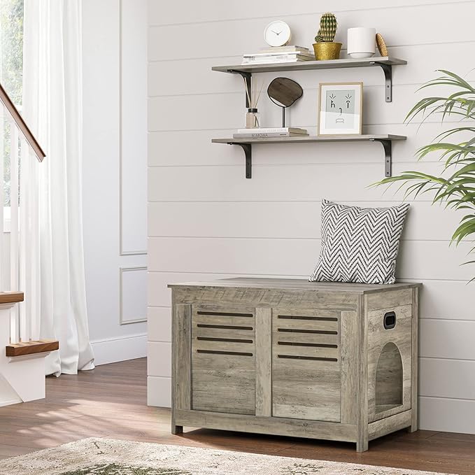 DINZI LVJ Long Wall Shelves, 31.5 Inch Wall Mounted Shelves Set of 2, Easy-to-Install, Floating Storage Ledges with Sturdy Metal Brackets for Living Room, Bathroom, Bedroom, Kitchen, Gray Wash