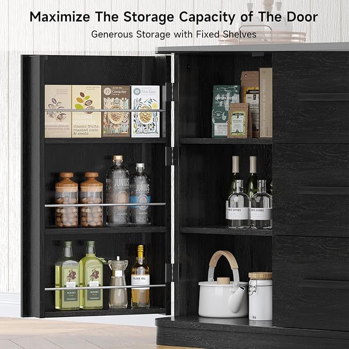 ONBRILL 47" Curved Buffet Cabinet with Storage and 3 Drawers, Large Sideboard Buffet Storage Cabinet with 2 Doors, Modern Coffee Bar Table for Dining Room, Living Room, Entryway (Black)