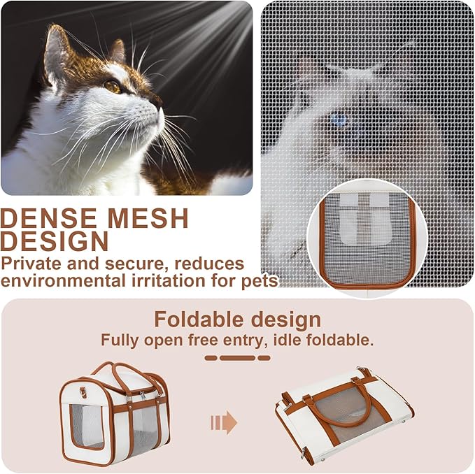 Pet cat and Dog cage Suitable for Medium and Small-Sized Cats, Soft Side cat cage, Sturdy Outer Frame Design, Adjustable Shoulder Strap, Ivory White, Fashionable pet Supplies