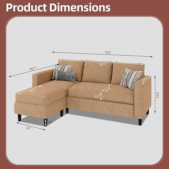 Nuturelly Convertible Sectional Sofa Couch with Movable Ottoman, 3-Seater Modern L-Shaped Sofa for Small Spaces, Soft Fabric Couch for Living Room, Small Apartment & Office(Brown)