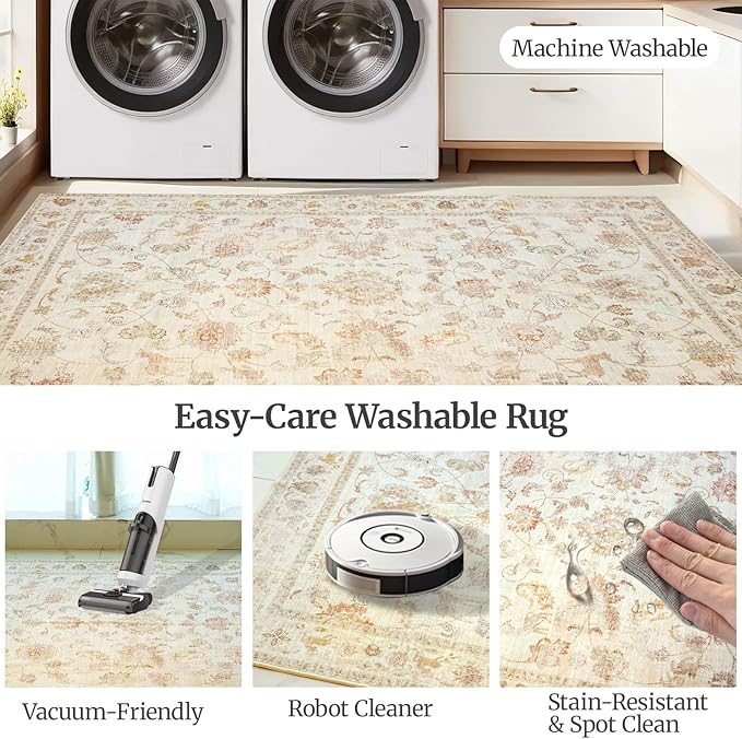 8x10 Soft Washable Area Rugs for Living Room and Bedroom, Non-Slip Stain Resistant Indoor Carpet, Cozy Floor Mat for Dining Room, Office, Under TableStain Resistant Persian Beige Floral