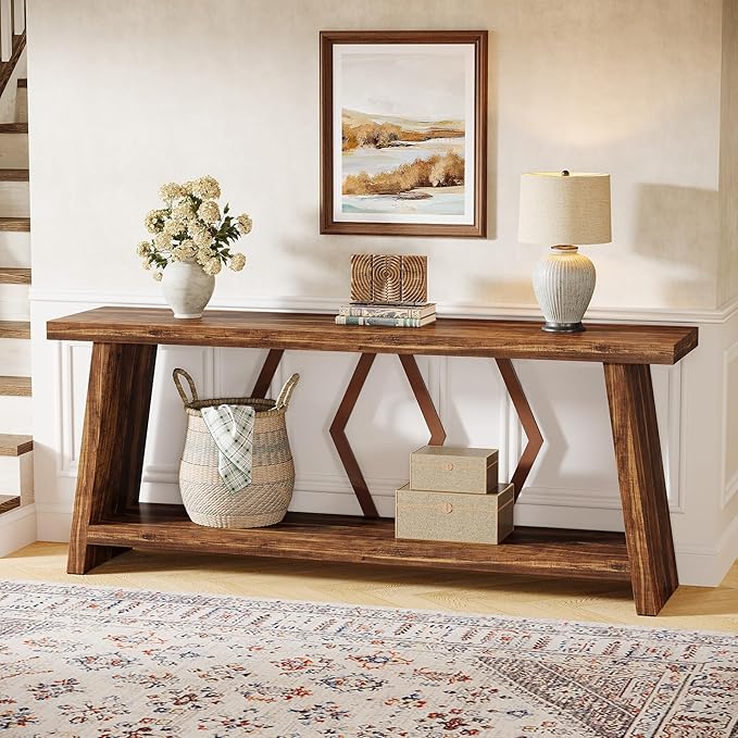 Tribesigns 70.86-Inch Extra Long Console Table for Living Room, 2-Tier Sofa Table Behind Couch with Storage, Wooden Console for Entryway Hallway, Brown