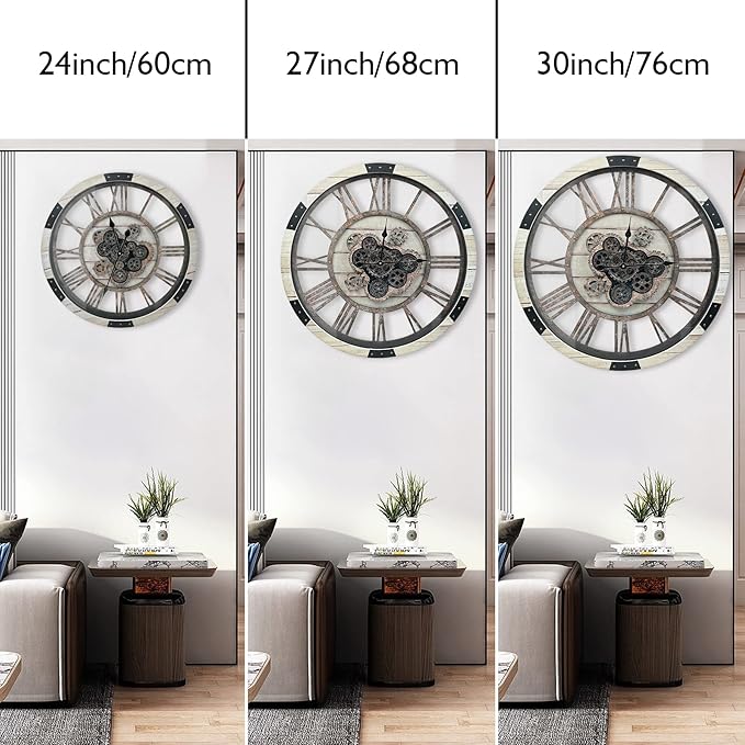 DORBOKER 24" Large Wall Clock with Moving Gears,Oversize Vintage Industrial Rustic Farmhouse Clocks for Living Room Decor Office Home,Solid Wood Retro Metal HD Tempered Glass Cover,Desert Beige