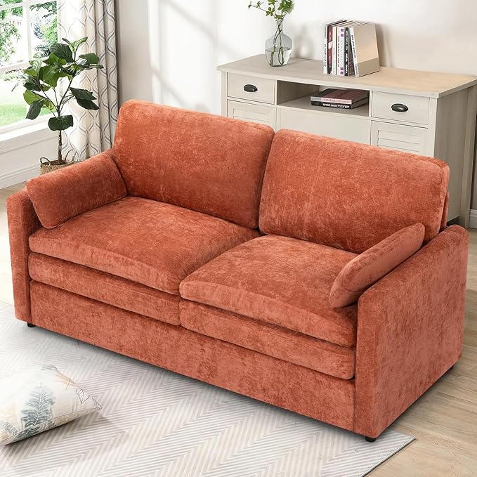 69" Chenille Modern Couch with Cozy & Soft Backrests, 2 Seats Sofa with 2 Extra Pillows, Comfy Upholstered Sofa with Thicker Cushions for Living Room, Office, Orange