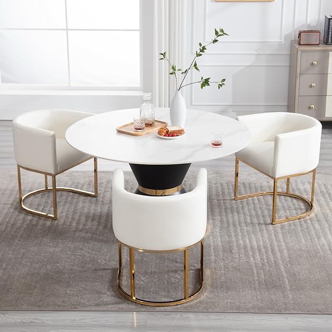 Faux Leather Dining Chairs Set of 3 Modern Barrel Armchairs with Golden Metal Frame, Upholstered Kitchen Chairs 18.5" Wide Accent Chairs for Living Dining Restaurant, White