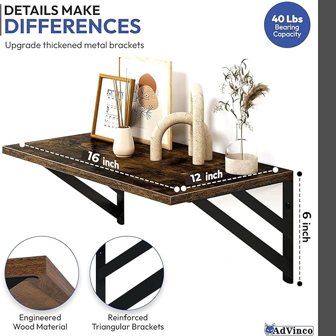 Rustic Brown Floating Shelves Set of 2 with Corner Shelf – Wood Wall Mounted Shelves for Kitchen, Bathroom, Living Room & Office Decor – Heavy Duty Storage Display, Easy Installation Included