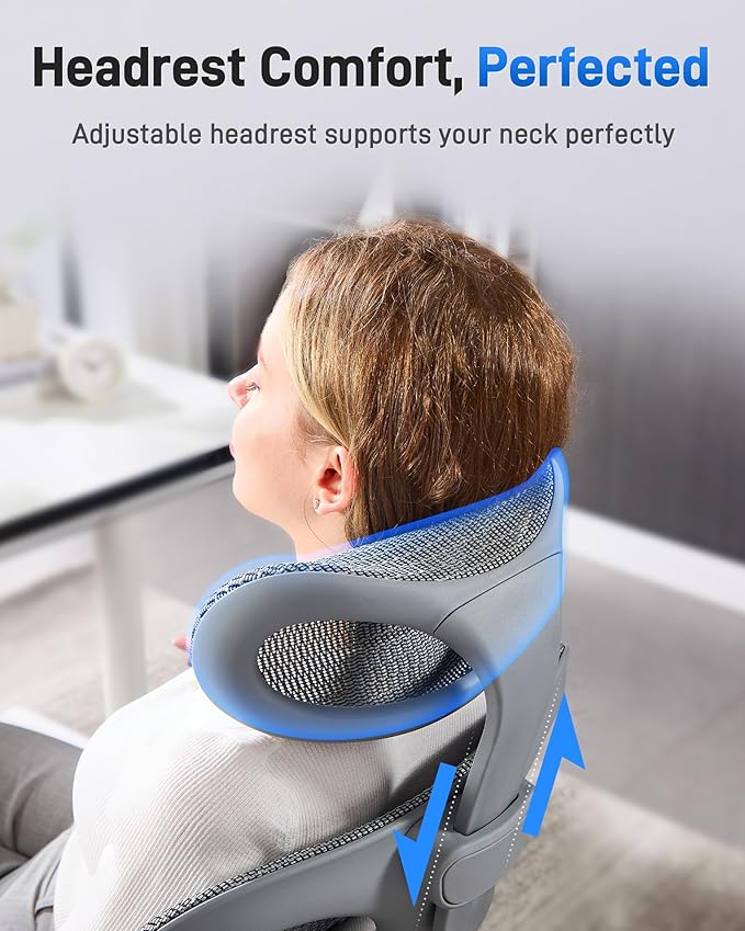 Ergonomic Office Desk Chair, Comfortable Computer Gaming Chair, Breathable Mesh Back & Seat, Adjustable Armrest & Headrest, Lumbar Support, Butterfly Design for Home Office (Gray)