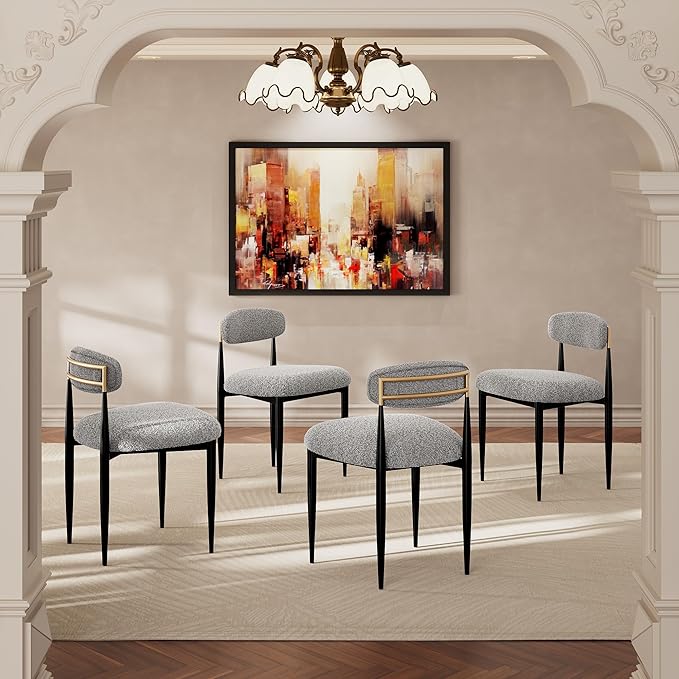 Morden Fort Modern Dining Chairs Set of 4, Upholstered Armless Chairs with Curved Backrest and Black Metal Frame for Dining Room, Living Room and Apartment