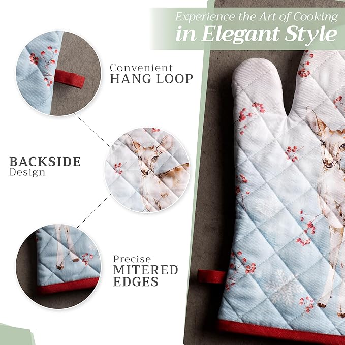 Maison d' Hermine Oven Gloves 100% Cotton Oven Mitt 7" x 13" with Loop Heat Resistant BBQ Cooking Gloves for Thanksgiving Christmas Decorations Baking Handling Hot Pans (Pack of 1, Fairy Tale Forest)