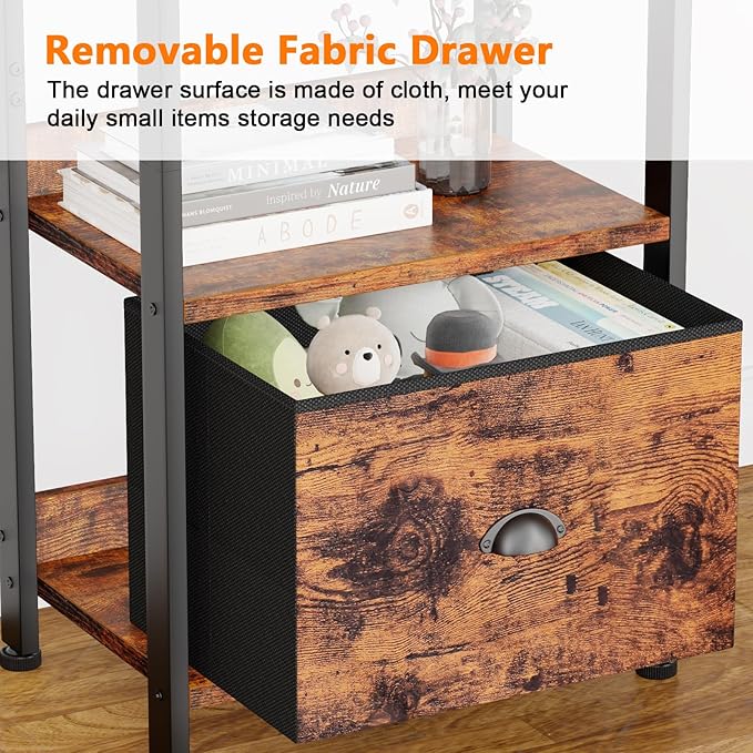 Furologee 4 Tier Bookshelf with Drawer, Tall Bookcase with Shelves, Narrow Bookshelves Storage Organizer, Wood and Metal Display Standing Shelf Unit for Bedroom, Living Room, Rustic Brown