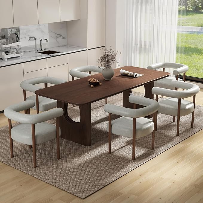 Mid-Century Modern Dining Chairs Set of 6, Armrest Barrel Dining Chairs Side Accent Chairs with Curved Back, Upholstered Wood Armchairs for Kitchen, PU Leather Grey