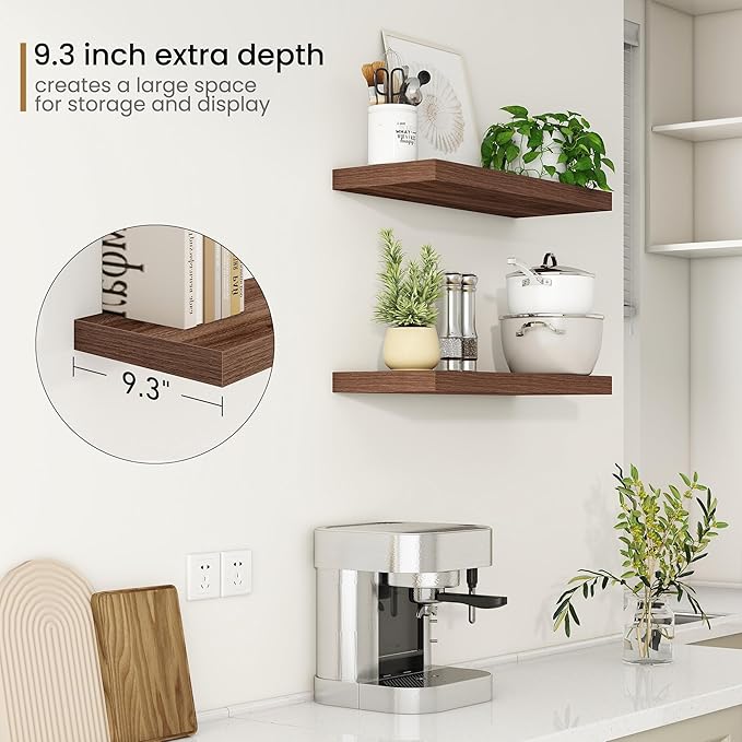 Fun Memories 24 Inch Floating Shelves for Wall, 9.3Inch Deep Floating Shelf, Extra Deeper & Thicker Wall Mounted Storage Shelf for Kitchen, Farmhouse, Walnut, 2 Pack