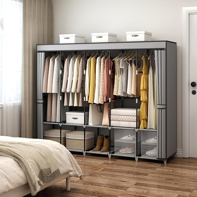 83 Inch Wide Portable Closet Wardrobe, Clothes Storage Rack Organizer with Cover, 5 Clothes Hanging Rods and 10 Storage Shelves, Grey