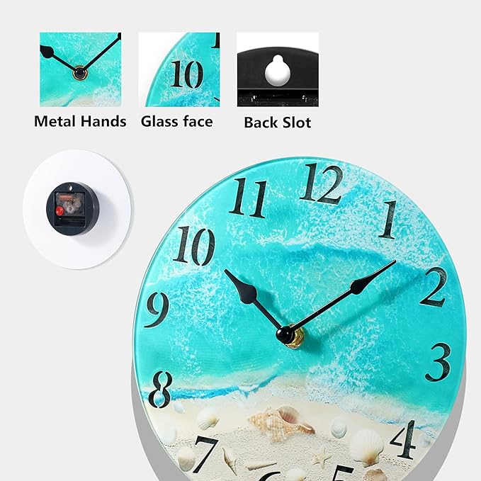 Coastal Nautical Glass Wall Clock with Seashell Design and Aesthetic Beach Theme - Battery Operated Silent Wall Decor for Home, Kitchen, Living Room, Office, Bedroom, or Bathroom (8 Inch,Teal)