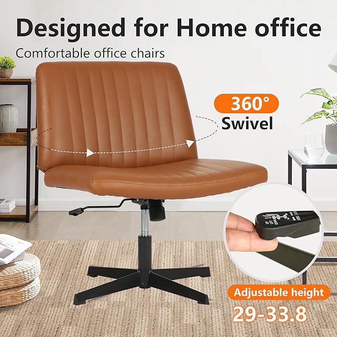 FDW Criss Cross Chair Armless Cross Legged Office Desk Chair Adjustable Swivel Ergonomic No Wheels Backrest with Wide Seat Native Sponge Computer Task Vanity for Home Office,Brown