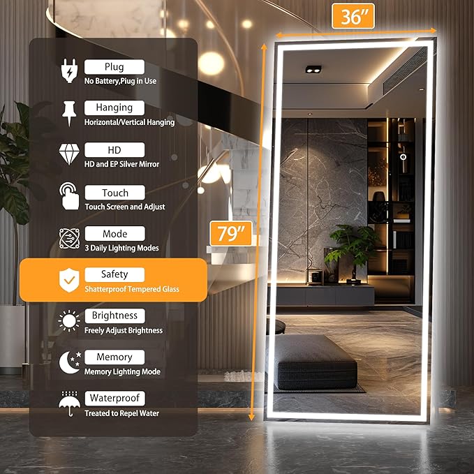 Hasipu Full Length Mirror with Lights, 79" x 36" LED Lighted Floor Standing Mirror, Full Body Dressing Hanging Mounted Mirrors, Dimmable, Tempered Glass, Safe to Use, Square Black