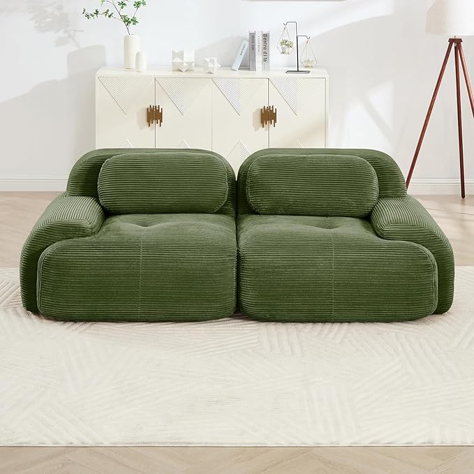80" Modern Corduroy Boneless Love Seat Couches, 2 Seater Large Sectional Couches for Living Room, Green Cloud Modular Sectional Sofa, Memory Foam, Extra Deep Loveseat, No Assembly