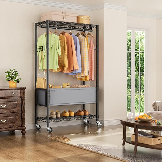 Clothes Rack,Heavy Duty Garment Rack 3 Tier Adjustable With Removable Clothe Basket,Wheels Free Standing Rolling Wire Shelving Clothing Racks for Hanging Clothes Metal Portable Closet