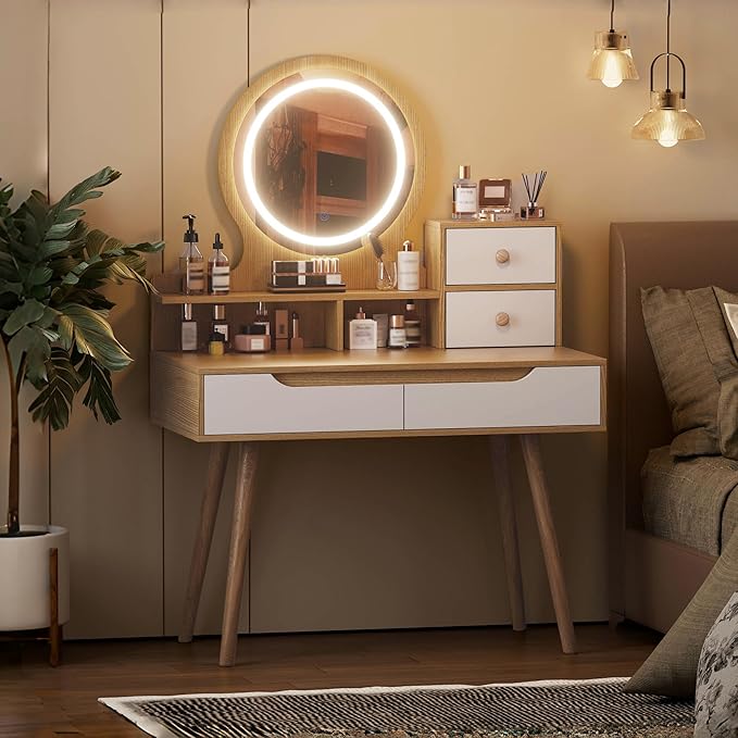 Ball & Cast 31.5" Vanity Desk with 3 Adjustable Lighted Mirror and Solid Wood Table Feet,MakeupDressing Table Set w/ 4 Drawers & 3 Open Shelves, for Small Space Bedroom Office,Nature