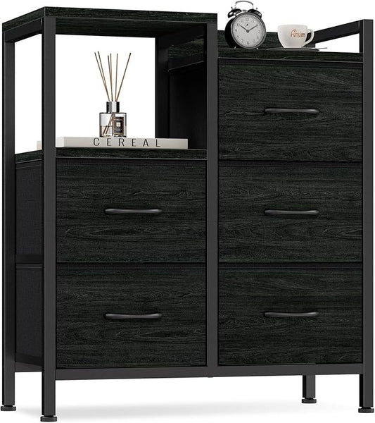 Furnulem 5 Drawer Black Dressers for Bedroom 2 Tier Shelf Storage Small Fabric Dresser for Closet Sturdy Metal Frame Modern Style Storage Cabinets Organization Units for Hallway Rooms