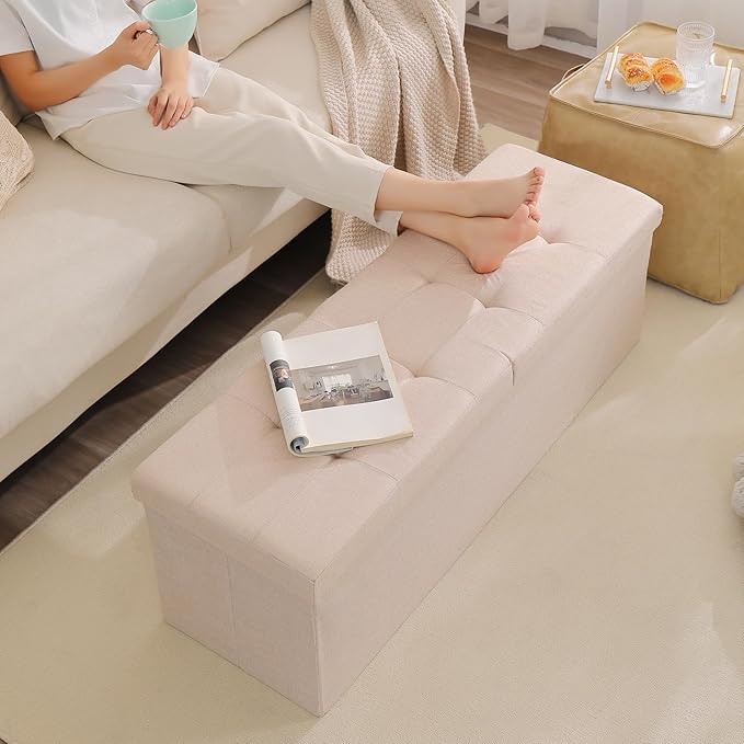 CUYOCA 45.3 Inches Storage Ottoman Bench Foldable Seat Footrest Shoe Bench End of Bed Storage with Flipping Lid, 166L Storage Space, Linen Fabric Sandy Beige